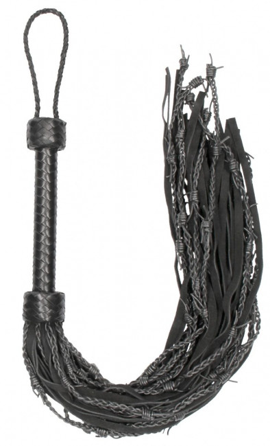 Черная многохвостая плетеная плеть Leather Suede Barbed Wired Flogger - 76 см.