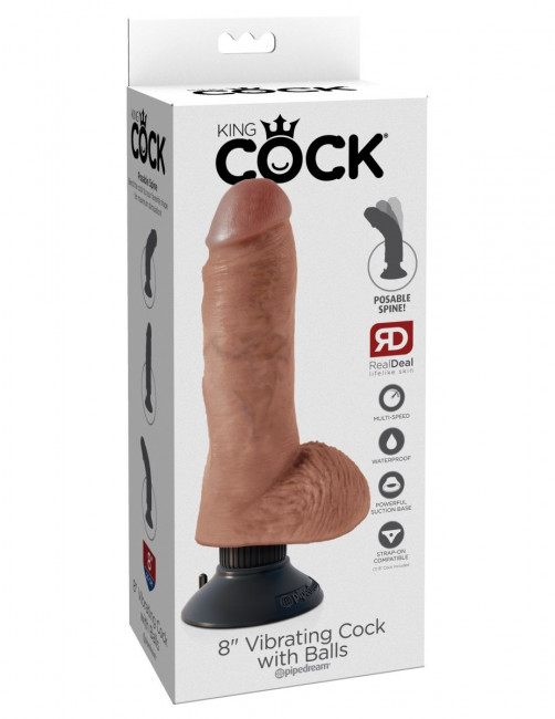 Кофейный вибромассажер со съёмной присоской 8" Vibrating Cock with Balls - 20,3 см.