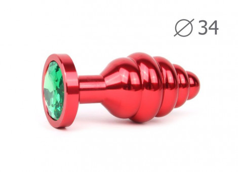 Коническая ребристая красная анальная втулка с зеленым кристаллом - 8 см., Anal Jewelry Plug