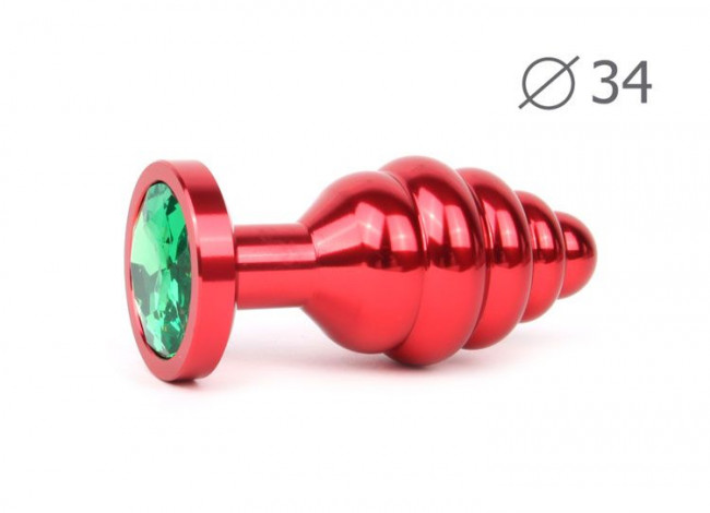 Коническая ребристая красная анальная втулка с зеленым кристаллом - 8 см., Anal Jewelry Plug