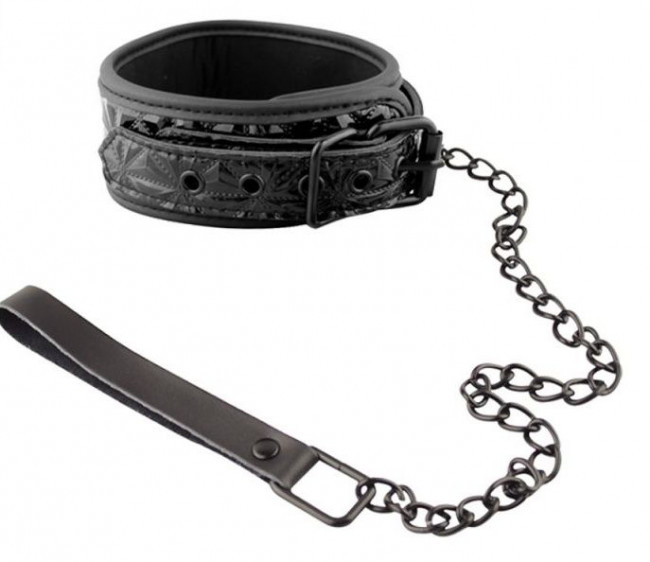 Чёрный кожаный ошейник с поводком Collar With Leash , Erokay Чёрный кожаный ошейник с поводком Collar With Leash , Erokay