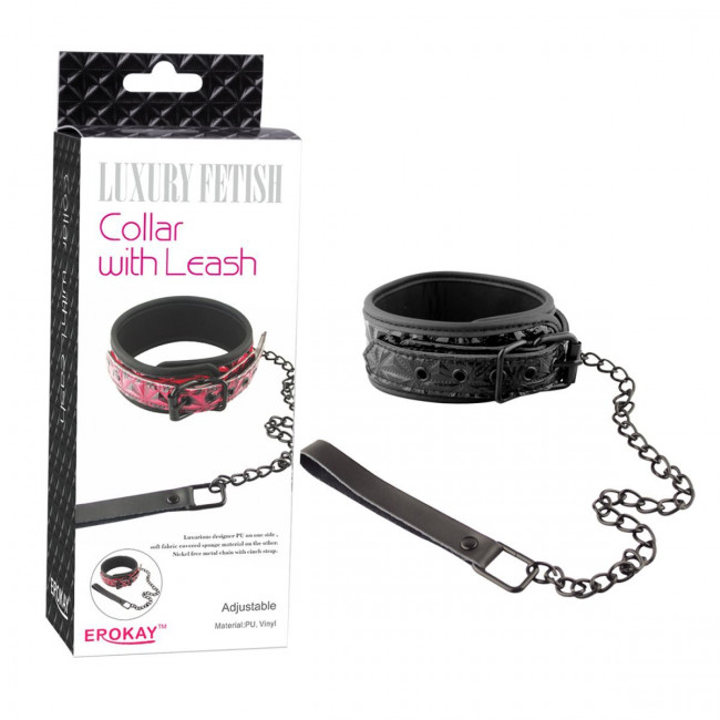 Чёрный кожаный ошейник с поводком Collar With Leash , Erokay Чёрный кожаный ошейник с поводком Collar With Leash , Erokay