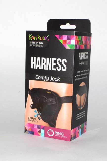 Чёрные трусики-джоки Kanikule Strap-on Harness universal Comfy Jock с плугом и кольцами, Kanikule