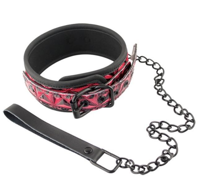 Красно-чёрный кожаный ошейник с поводком Collar With Leash, Erokay