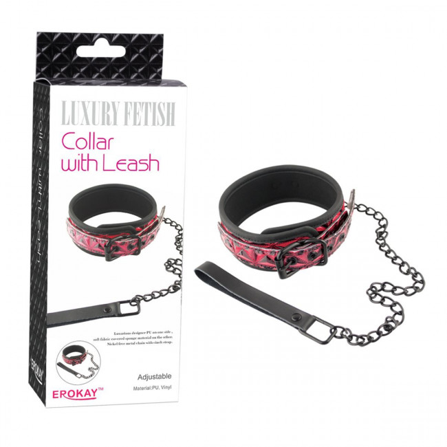 Красно-чёрный кожаный ошейник с поводком Collar With Leash, Erokay