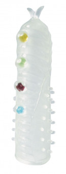 Закрытая белая насадка на пенис Crystal Sleeve с шариками и усиками - 14 см., Bior toys