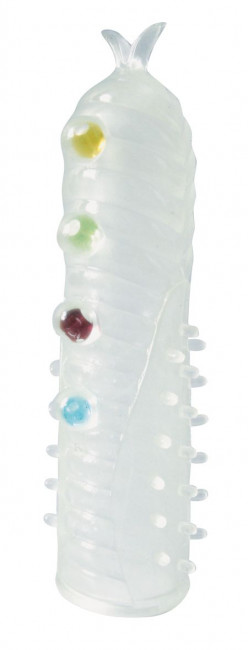 Закрытая белая насадка на пенис Crystal Sleeve с шариками и усиками - 14 см., Bior toys