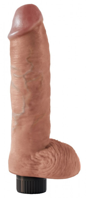 Кофейный вибромассажер 10" Vibrating Cock with Balls - 25,4 см.