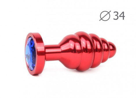 Коническая ребристая красная анальная втулка с синим кристаллом - 8 см., Anal Jewelry Plug