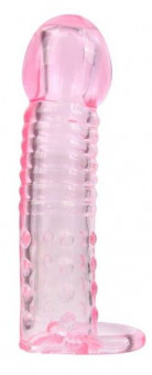 Розовая закрытая насадка на фаллос с кольцом для мошонки - 13,5 см., Bior toys