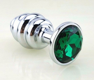 Серебристая фигурная анальная пробка с зеленым стразом - 8 см., 4sexdreaM