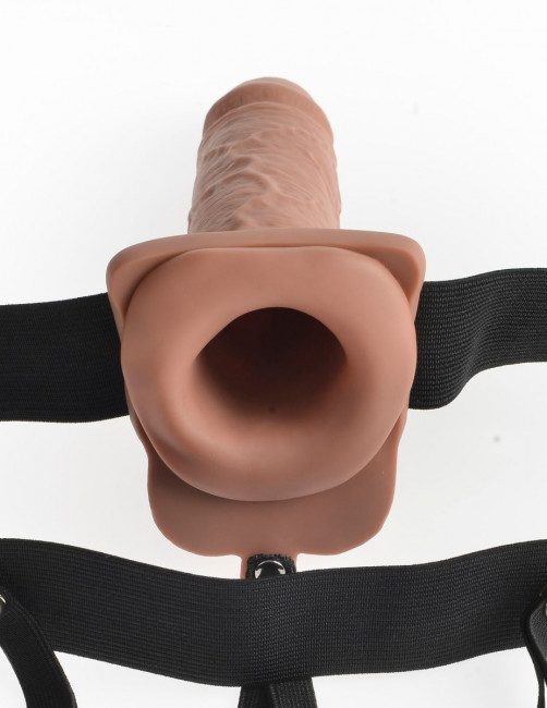 Кофейный перезаряжаемый вибрострапон 7" Hollow Rechargeable Strap-on with Balls - 20,3 см.