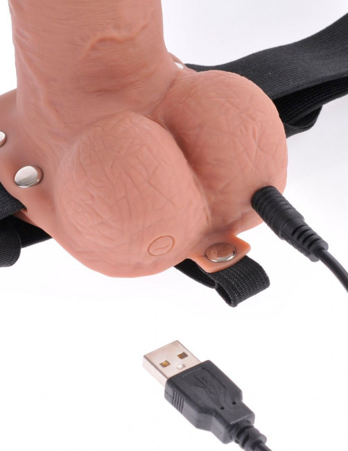 Кофейный перезаряжаемый вибрострапон 7" Hollow Rechargeable Strap-on with Balls - 20,3 см.