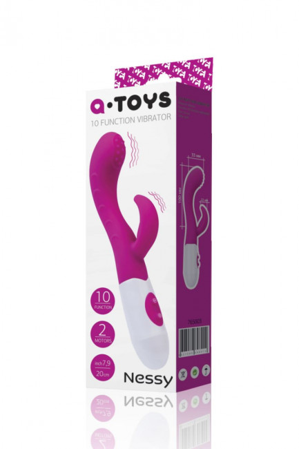Ярко-розовый вибратор Nessy с клиторальным стимулятором - 20 см., A-toys Ярко-розовый вибратор Nessy с клиторальным стимулятором - 20 см., A-toys