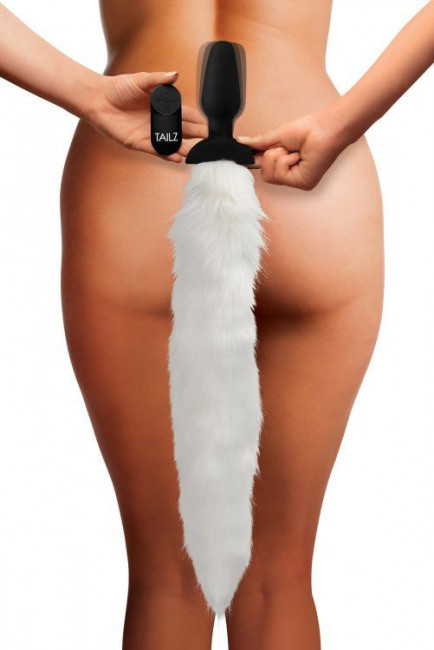 Черная анальная вибропробка с белым лисьим хвостом White Fox Tail Vibrating Anal Plug
