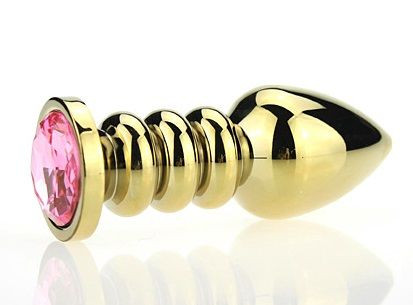 Золотистая фигурная анальная пробка с розовым стразом - 10,3 см., 4sexdreaM