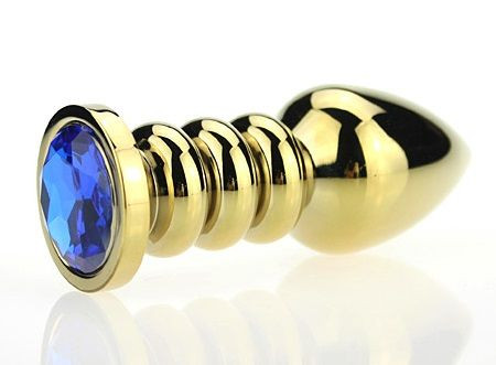 Золотистая фигурная анальная пробка с синим стразом - 10,3 см., 4sexdreaM