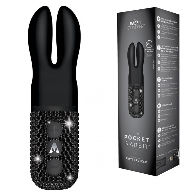 Чёрный вибратор с ушками The Pocket Rabbit, украшенный кристаллами, The Rabbit Company