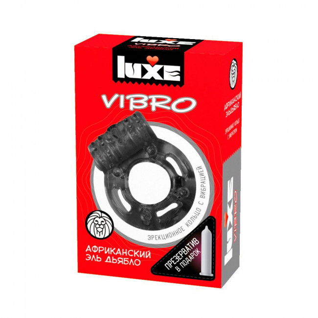 Чёрное эрекционное виброкольцо Luxe VIBRO "Африканский Эль Дьябло" + презерватив, Luxe