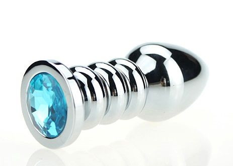Серебристая фигурная анальная пробка с голубым кристаллом - 10,3 см., 4sexdreaM