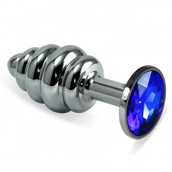 Ребристая анальная пробка Silver Small с синим кристаллом - 7,6 см., Lovetoy