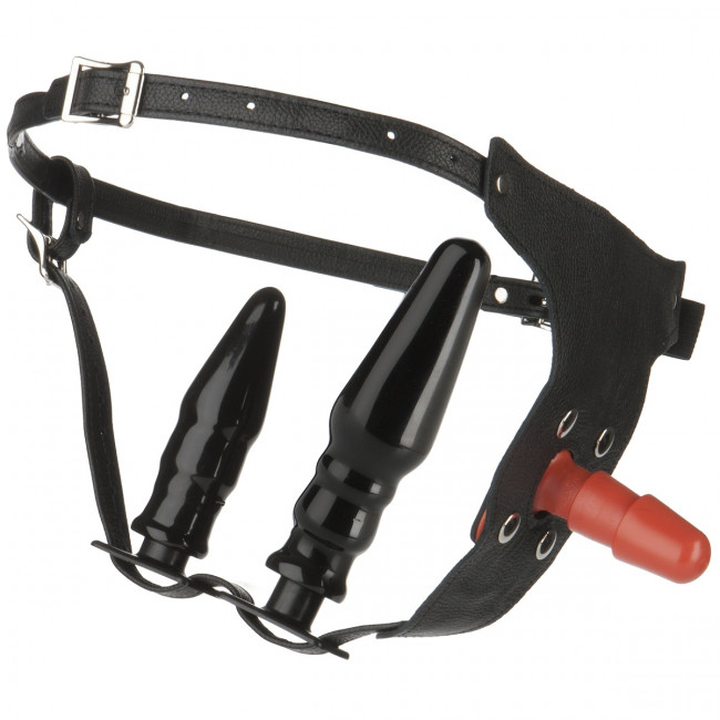 Женский страпон с двумя пробками Vac-U-Lock Set Leather Ultra Harness - 17,8 см., Doc Johnson