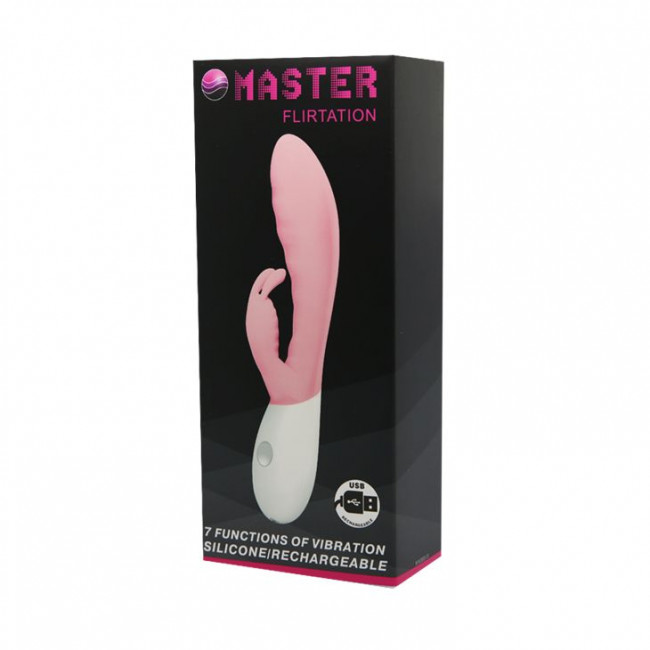 Розовый перезаряжаемый вибратор с клиторальным зайчиком Master Flirtation - 20 см., Baile