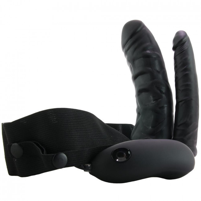 Полый страпон с двумя отростками и вибрацией Unisex Vibrating Hollow Strap-On Double Penetrating Dildo - 17,8 см., Lux Fetish