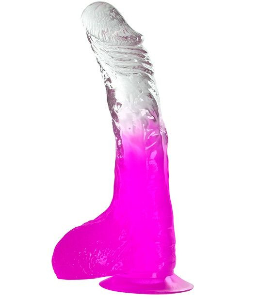 Фиолетовый фаллоимитатор с мошонкой, присоской и прозрачным стволом - 20 см., Dream Toys