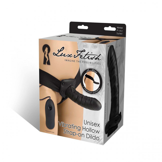 Чёрный полый страпон с вибрацией Unisex Vibrating Hollow Strap-On - 14 см., Lux Fetish