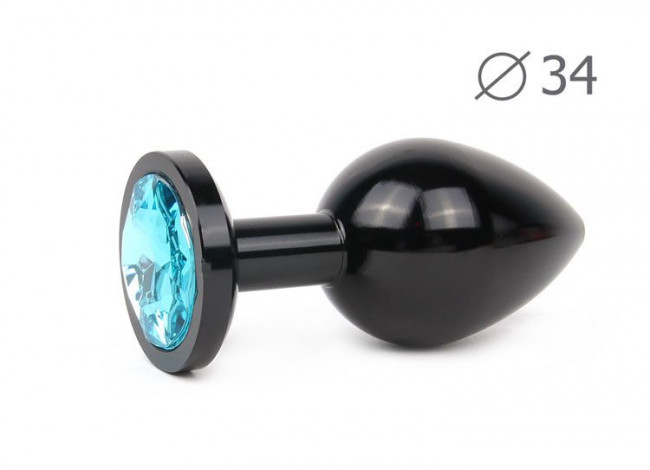 Коническая черная анальная втулка с голубым кристаллом - 8,2 см. , Anal Jewelry Plug