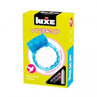 Голубое эрекционное виброкольцо Luxe VIBRO "Райская птица" + презерватив, Luxe