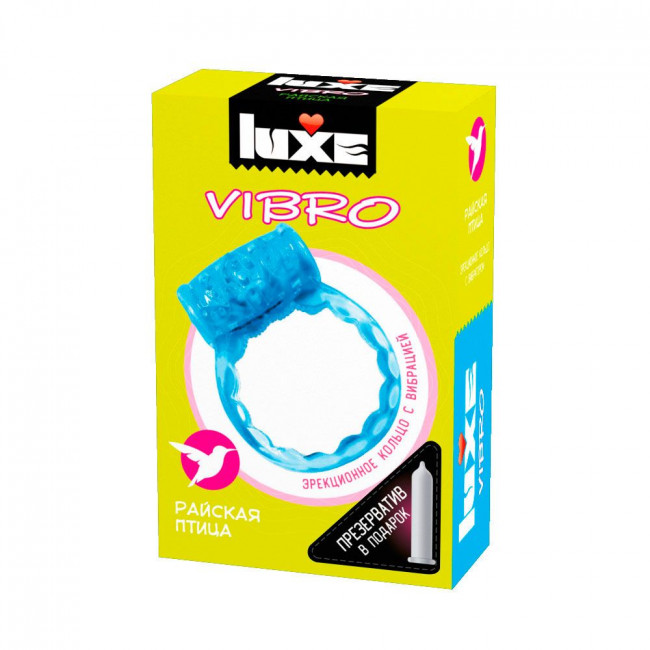 Голубое эрекционное виброкольцо Luxe VIBRO "Райская птица" + презерватив, Luxe
