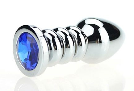 Серебристая фигурная анальная пробка с синим кристаллом - 10,3 см., 4sexdreaM