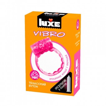 Розовое эрекционное виброкольцо LUXE VIBRO "Техасский бутон" + презерватив, Luxe