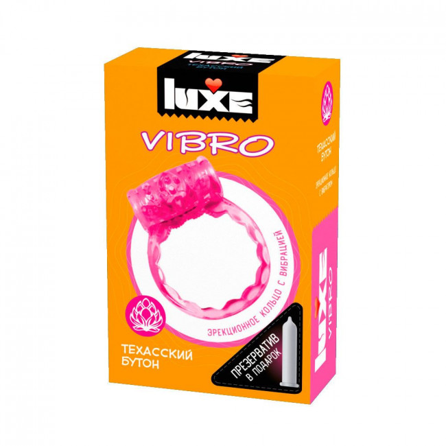 Розовое эрекционное виброкольцо LUXE VIBRO "Техасский бутон" + презерватив, Luxe
