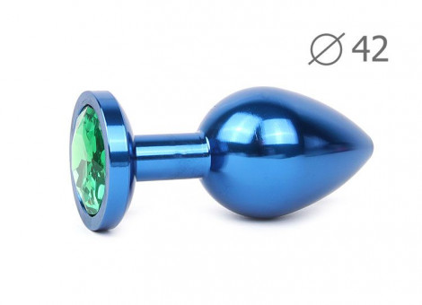 Коническая синяя анальная втулка с зеленым кристаллом - 9,3 см. , Anal Jewelry Plug