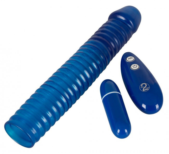 Синяя вибронасадка на пенис Vibrating Sleeve с пультом управления - 22,5 см., Orion