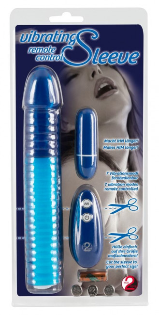 Синяя вибронасадка на пенис Vibrating Sleeve с пультом управления - 22,5 см., Orion