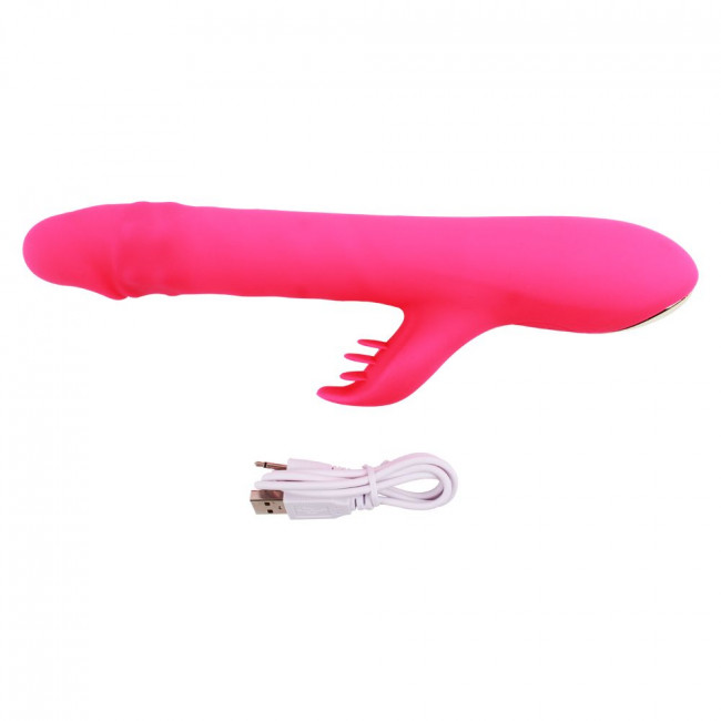 Розовый вибратор с клиторальным стимулятором Thrusting Rabbit - 25,3 см.