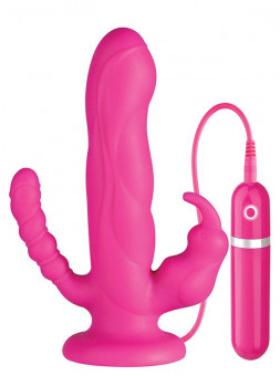 Розовый вибратор с двумя дополнительными отростками PURRFECT SILICONE 3WAYS VIBRATOR 6.5INCH - 17 см., Dream Toys