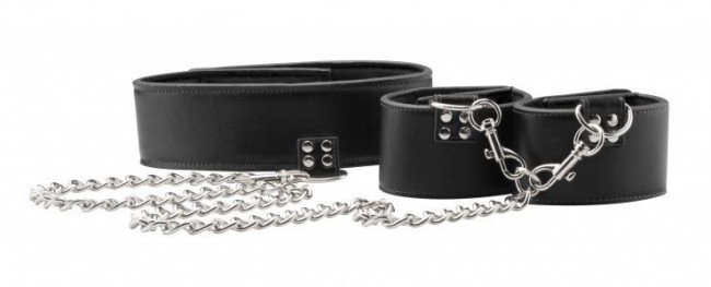 Чёрный двусторонний ошейник с наручниками Reversible Collar and Wrist Cuffs, Shots Media BV Чёрный двусторонний ошейник с наручниками Reversible Collar and Wrist Cuffs, Shots Media BV