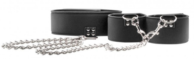 Чёрный двусторонний ошейник с наручниками Reversible Collar and Wrist Cuffs, Shots Media BV Чёрный двусторонний ошейник с наручниками Reversible Collar and Wrist Cuffs, Shots Media BV