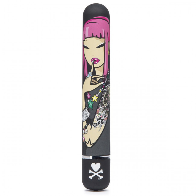 Чёрный вибратор с принтом CLASSIC VIBRATOR BLACK PINK LIPSTICK WOMAN - 18,4 см., Tokidoki