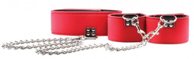 Чёрно-красный двусторонний ошейник с наручниками Reversible Collar and Wrist Cuffs, Shots Media BV