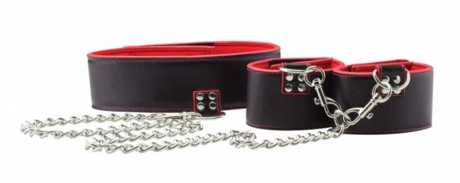Чёрно-красный двусторонний ошейник с наручниками Reversible Collar and Wrist Cuffs, Shots Media BV