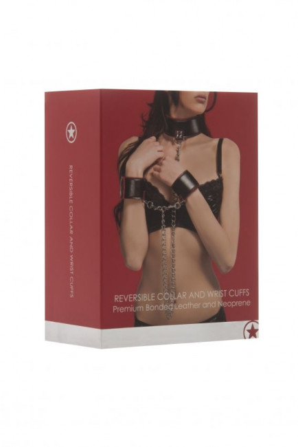 Чёрно-красный двусторонний ошейник с наручниками Reversible Collar and Wrist Cuffs, Shots Media BV