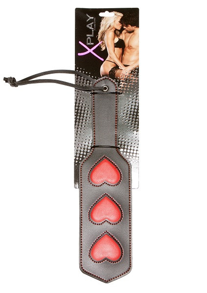 Чёрный кожаный пэддл X-Play с красными сердечками, Allure Lingerie
