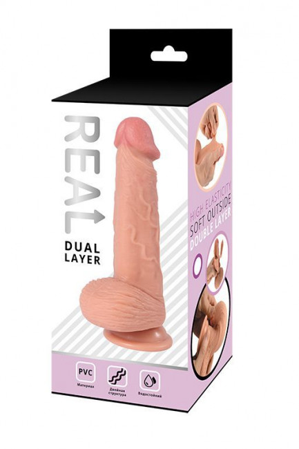Телесный реалистичный фаллоимитатор REAL Dual Layer с мошонкой на присоске - 20 см., Real Телесный реалистичный фаллоимитатор REAL Dual Layer с мошонкой на присоске - 20 см., Real
