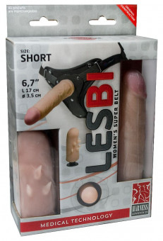 Телесный поясной страпон LESBI с вагинальной пробкой - 17 см., LOVETOY (А-Полимер)